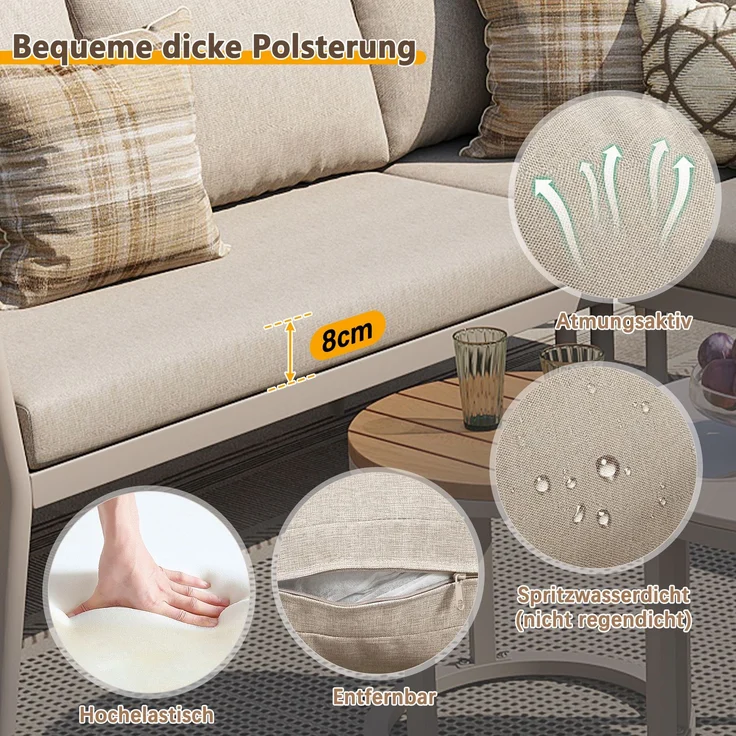 Merax Gartenlounge-Set für 5-6 Personen, 6-Sitzer Gartenmöbel-Set Sitzgruppe mit 2 stapelbaren Couchtische, Beige – Bild 7