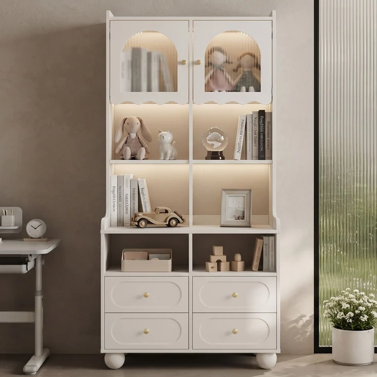 Glasvitrine 80 x 40 x 180 cm mit Rippglastür, LED-Beleuchtung und vier Schubladen – Weiß – Bild 2