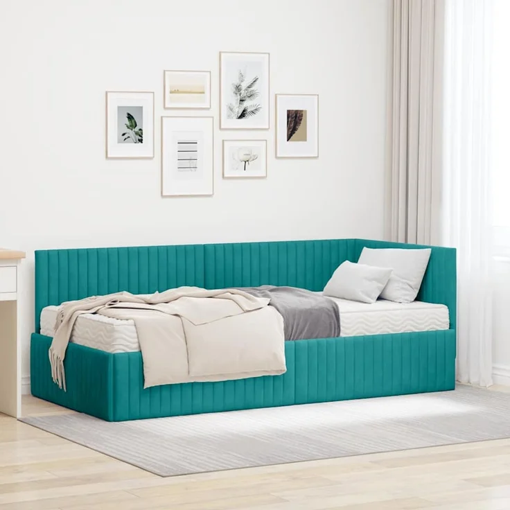 vidaXL Eckbettgestell mit Matratze mit Kopfteil 2 pcs Türkis Samt 3393816 – Bild 1