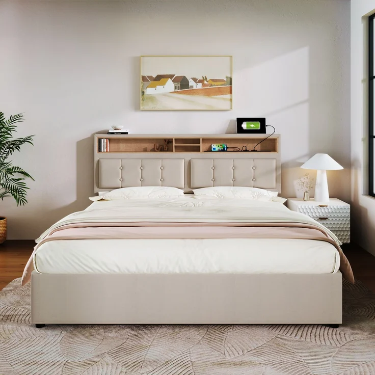 Polsterbett 140×200 cm mit verstellbarem Kopfteil,USB & Steckdosen,4 Schubladen,Leinenstoff beige,inklusive Matratze – Bild 4