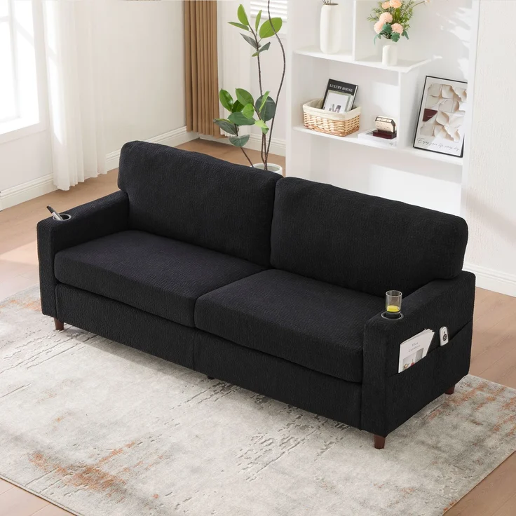 LVHOM 2-Sitzer Sofa mit USB&LED, Zweier Polstersofa Chenille Bezug, Loveseat mit Getränkehaltern, Doppelsofa Stoffsofa Loungesofa, Schwarz – Bild 10