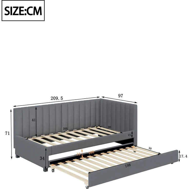 Polsterbett 90*200, Ausziehbares Schlafsofa, Multifunktionsbett mit Lattenrost, Jugendbetten Kinderbetten Gästebetten, Samtstoff Grau – Bild 8