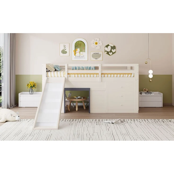 Merax Etagenbett Hochbett 90x200cm mit Rutsche, Kinderbett Hausbett mit 3 Schubladen, mit Rausfallschutz und Lattenrost, Stockbett Creme – Bild 7