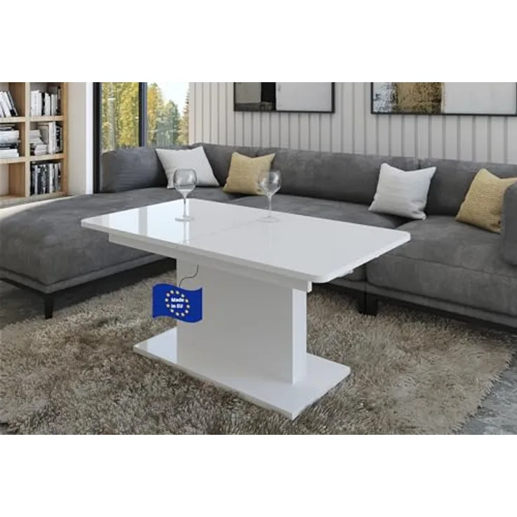 designimpex Couchtisch DC-1, Weiß Hochglanz, ausziehbar und höhenverstellbar, rechteckig 126x58-75 cm, Wohnzimmertisch