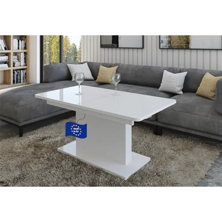 designimpex Couchtisch DC-1, Weiß Hochglanz, ausziehbar und höhenverstellbar, rechteckig 126x58-75 cm, Wohnzimmertisch – Bild 1