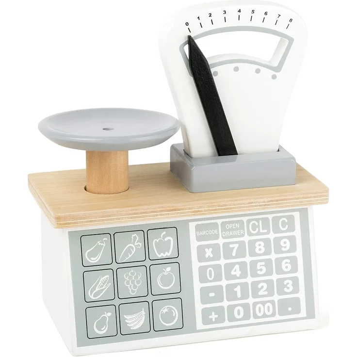 Small Foot 11201 Holzwaage,mit Waagschale und beweglichem Gewichts-Zeiger, Umgang mit Zahlen & Gewichten, für Kaufläden Spielzeug, Mehrfarbig