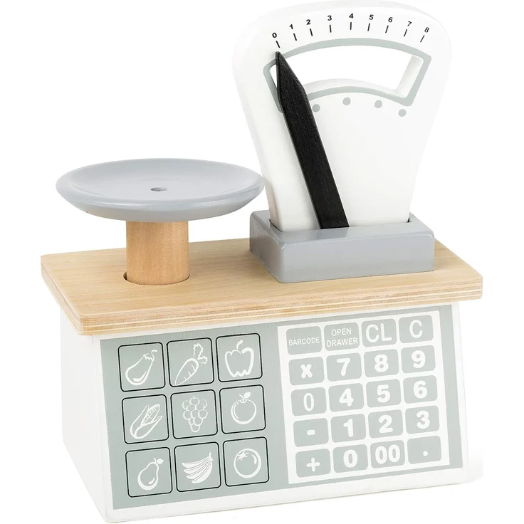 Small Foot 11201 Holzwaage,mit Waagschale und beweglichem Gewichts-Zeiger, Umgang mit Zahlen & Gewichten, für Kaufläden Spielzeug, Mehrfarbig