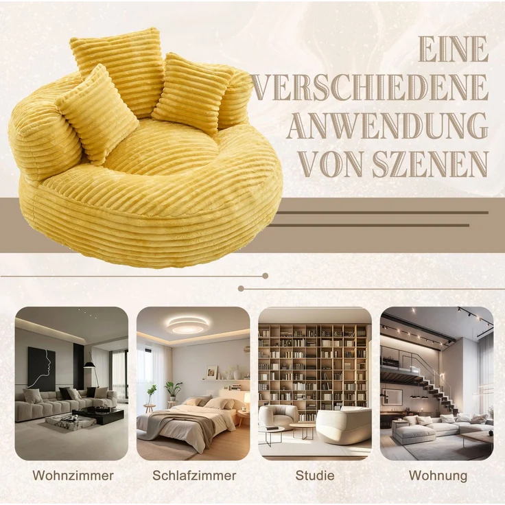 DESVIAE Sitzsack mit hoher Rückenlehne 108x52x108 cm aus Cord, senfgelb – Bild 4