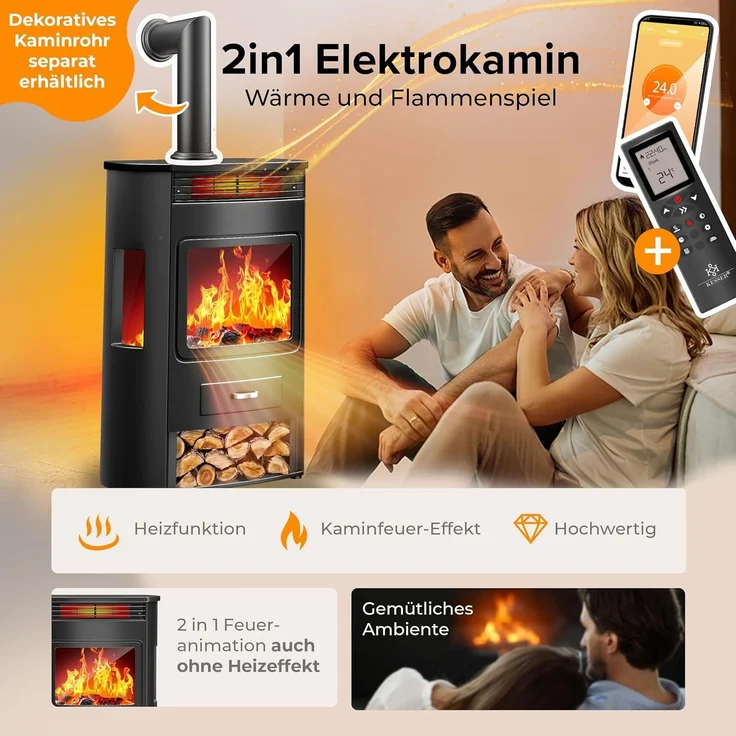 KESSER® Prio Elektrokamin mit Heizung Heizlüfter Fernbedienung WiFi App 950/1900 W Kamin elektrisch LED-Flammeneffekt Kaminfeuer Elektro Kamin mit Thermostat Panorama-Sichtfenster Heizfunktion Timer Schwarz, Xtra-Large – Bild 2