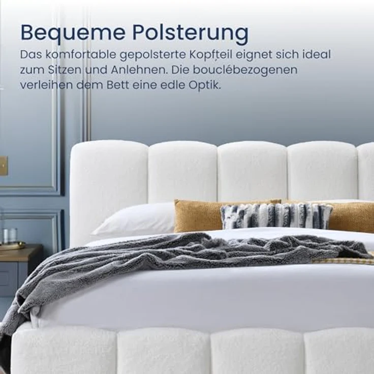 Home Collective Polsterbett Doppelbett mit Lattenrost, gepolstertes Kopfteil, Bouclé-Look, Creme, 160x200 cm – Bild 3