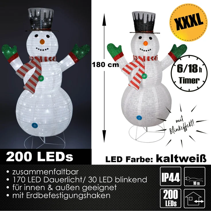 XXXL LED Weihnachtsfigur 180 cm Schneemann Figur beleuchtet Weihnachtsdeko Timer