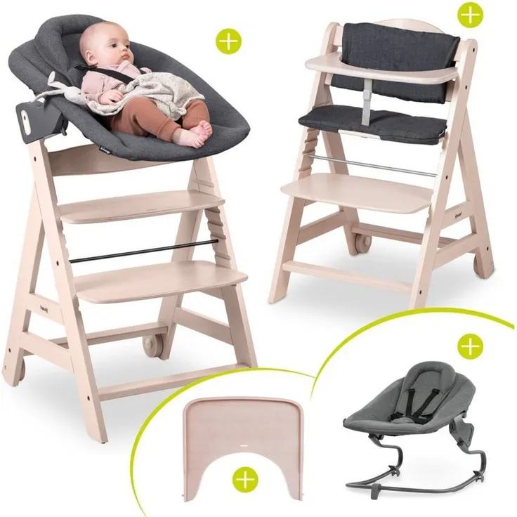 Hauck Hochstuhl Beta Plus Whitewashed - Dark Grey, Babystuhl ab Geburt inkl. Aufsatz für Neugeborene, Tisch, Sitzauflage
