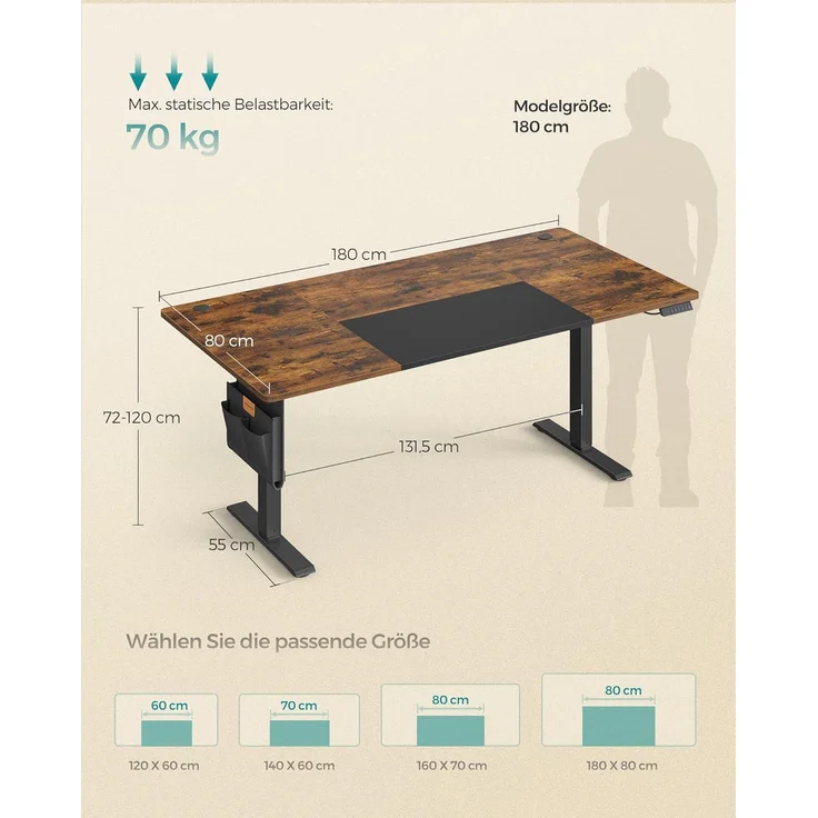 SONGMICS Höhenverstellbarer Schreibtisch elektrisch, 180 x 80 cm, stufenlos verstellbar, Memory-Funktion mit 4 Höhen, USB-C-Anschluss, vintagebraun-mattschwarz – Bild 2