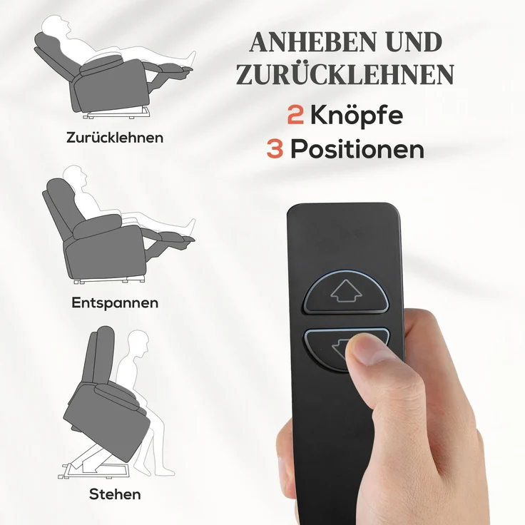 Fernsehsessel mit Aufstehhilfe, höhenverstellbar, 135°neigbar, mit 3 Modi, 8 Massagepunkten, Fernbedienung, 144 x 91 x 88 cm, Grau--Grau--91x95x109cm--YOUDENOVA – Bild 4