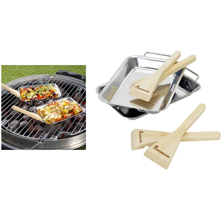6x LANDMANN Grillpfännchen 2er-Set Servierpfännchen Grillschale Grillpfanne Raclette Mini-Pfanne BBQ Bambusschaber