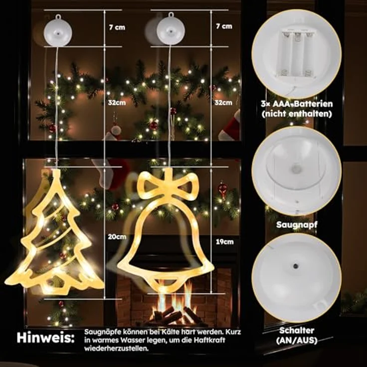 LEDYA LED Weihnachtsbaum Weihnachtsbeleuchtung, 2 Stück, 10 LED Lichtervorhang, Warmweiße Lichterkette, Batteriebetrieben mit Saugnapf & Timer, Fenster Lichterkette für Weihnachtsdeko, Party, Hochzeit – Bild 6