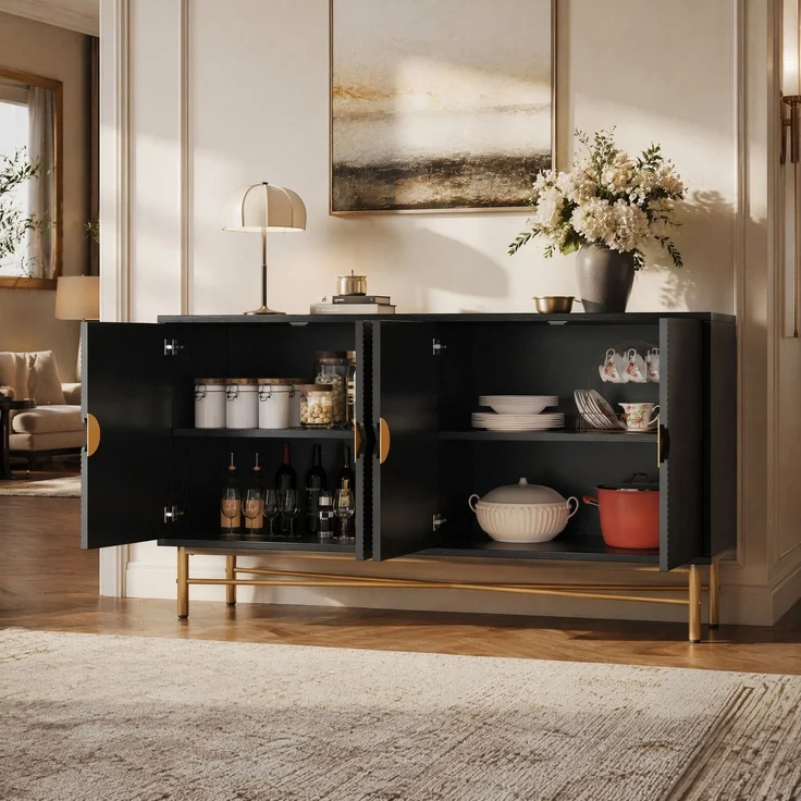 DESVIAE Sideboard mit 4 Türen und Soft-Close 160x82x40 cm aus MDF und Spanplatte Schwarz – Bild 2