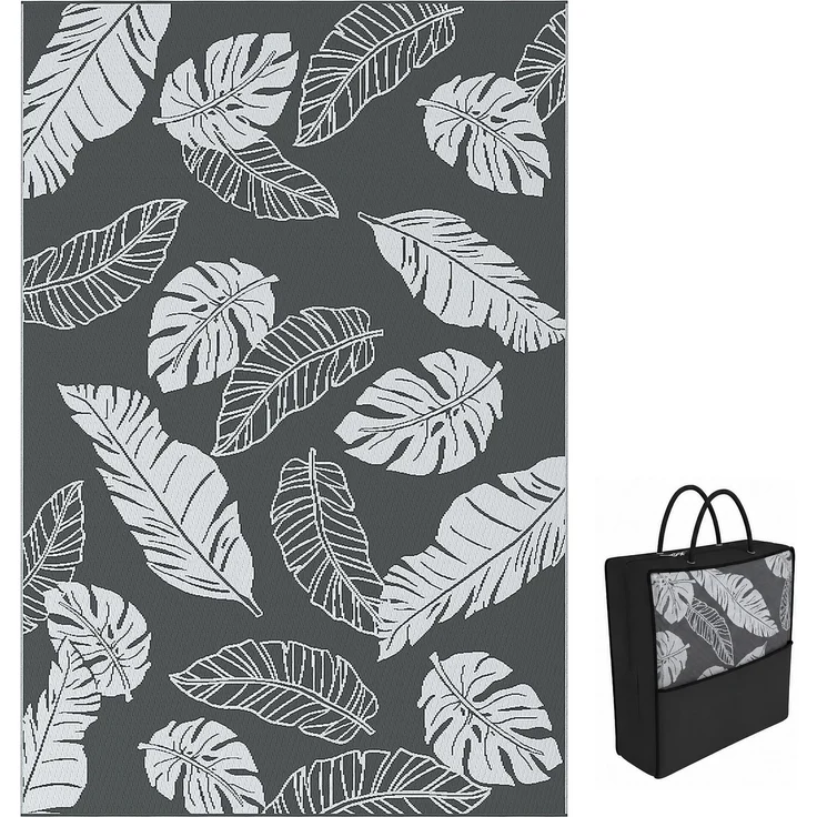 MELAYR, Outdoor Wendeteppich, wasserfest, Blattmuster, 182x274cm, Grau/Weiß – Bild 1