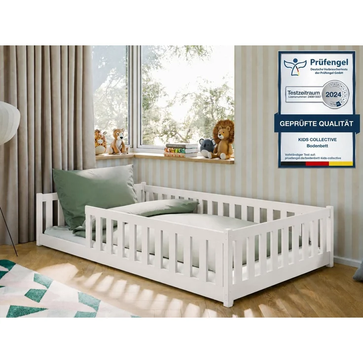 Kids Collective Kinderbett Bodenbett Bett mit Rausfallschutz & Lattenrost Montessori Bett Kinder (Jungen, Mädchen, Kinder, weitere Größen 80x160, 80x180, 90x190, 90x200, 140x200 cm), Gitterbett Jugendbett Einzelbett Baumwolle 120x200 cm – Bild 1