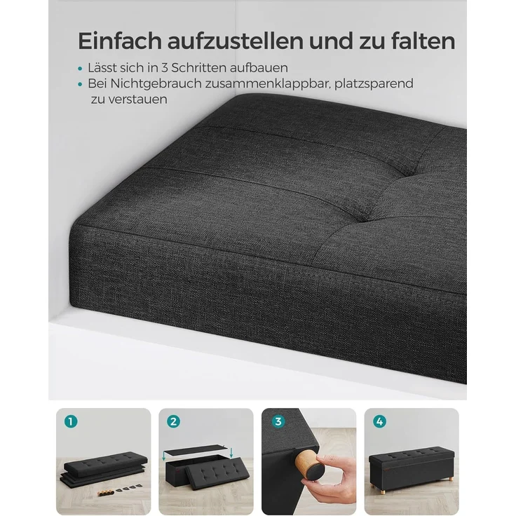 Songmics Sitzbank mit Stauraum, Schuhbank, klappbare Sitztruhe, Aufbewahrungsbox, Fußbank, 38 x 110 x 40 cm, für Wohnzimmer, Schlafzimmer, tintenschwarz LSF018B11 – Bild 6