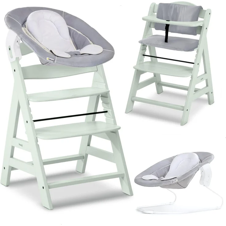 hauck Alpha+ Hochstuhl Newborn Set mit 2in1 Bouncer - Mint | Mitwachsender Holz Kinderhochstuhl ab Geburt bis 90 kg | inkl. Neugeborenenaufsatz & Sitzkissen