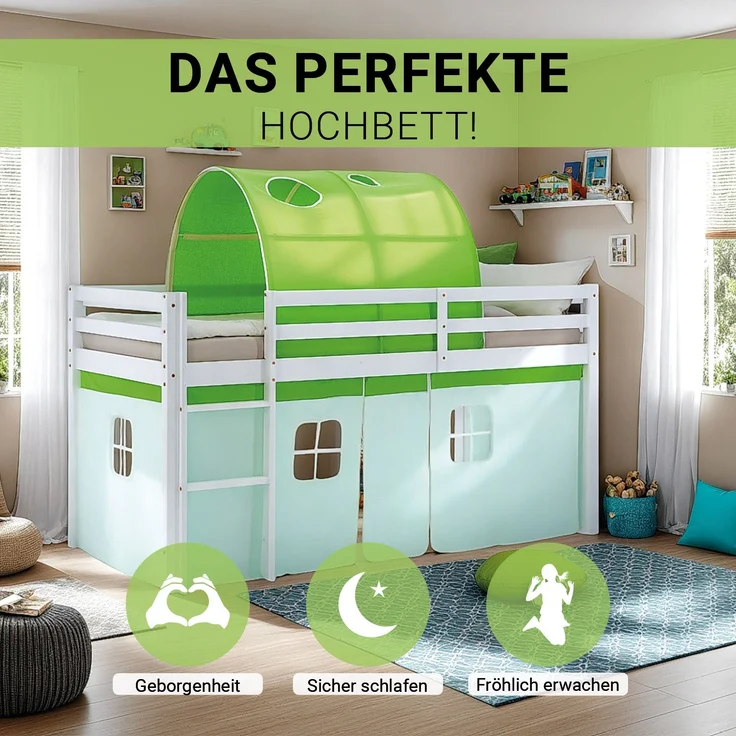 Hochbett Kinder 90x200 cm mit Matratze Kinderbett Kinderhochbett Stockbett Tunnel Vorhang Grün Holz Massiv Lattenrost – Bild 5