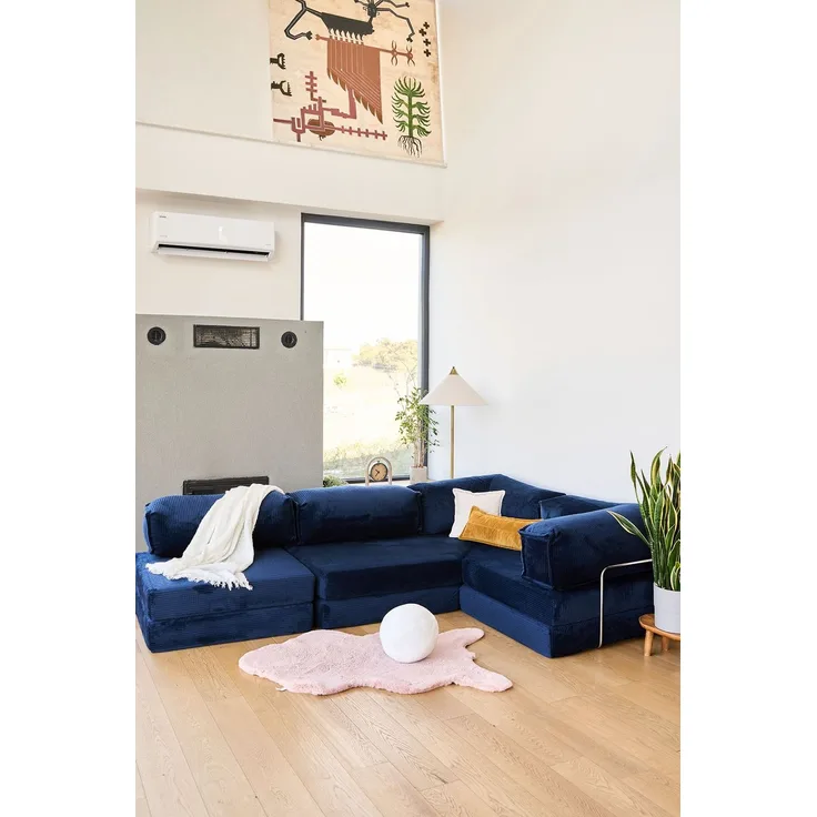 Ecksofa mit Schlaffunktion, Marineblau, 300 cm | Bezug aus 100% geripptem Plüsch, Abnehmbarer Bezug, 4 Kissen inklusive | Pfotenfreundlich & rutschfest