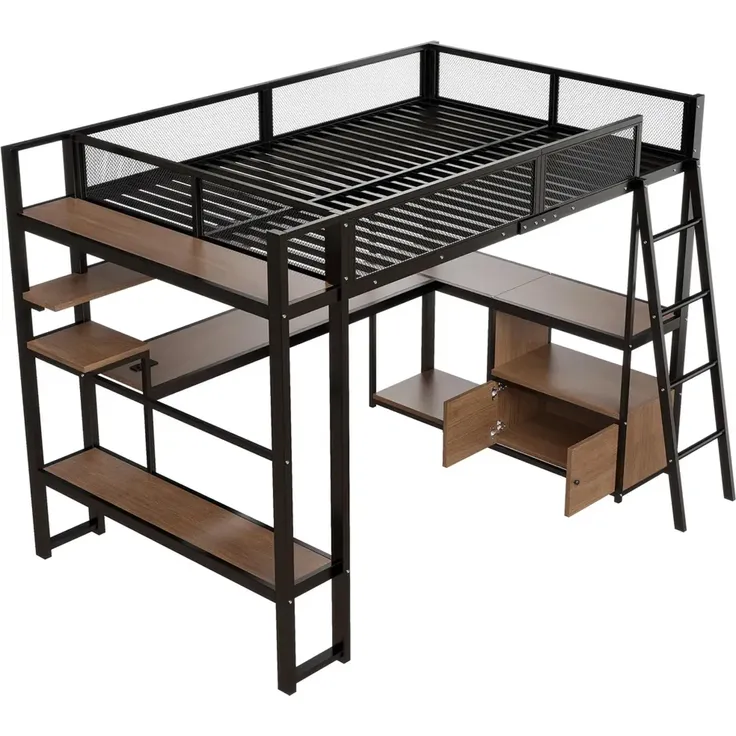 Hochbett mit Eckschreibtisch, LED-Streifen, PC-Ständer, Steckdose, USB, Rausfallschutz, Regal, Schrank, 140x200cm, Kinderbett, Jugendbett, Metallbett – Bild 5