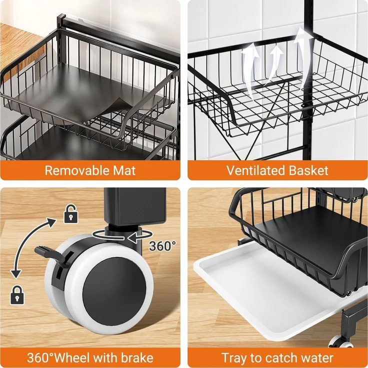 Todeco Gemüseregal für Küche, Stapelbarer Obstkorb Gemüse, Multipurpose Mobile Metal Storage Trolley, Aufbewahrungswagen KüchenWagen Mit Abschließbare Rollen Und – Bild 5