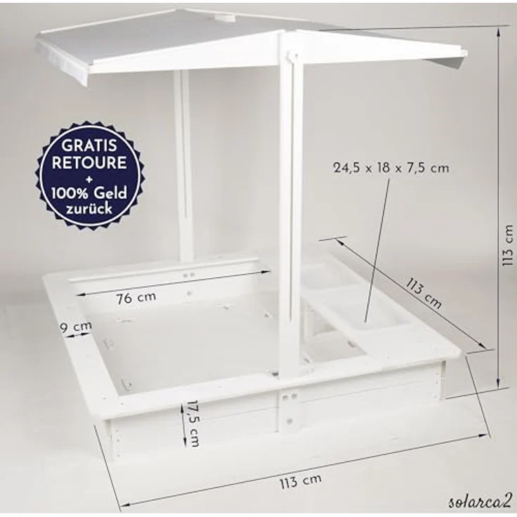 WONDERMAKE Sandkasten Holz mit Abdeckung, 2x Matschküche, 113x113 cm, quadratisch, weiß silber, wasserdicht, inkl. Boden-Vlies – Bild 5