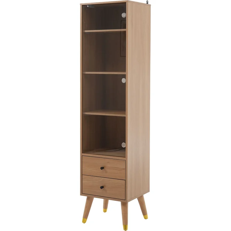 Vitrinenschrank aus MDF in Holzoptik mit Glastür, 3 höhenverstellbaren Einlegeböden und 2 Schubladen,H 160 x T 39.8 x B 35 cm – Bild 6