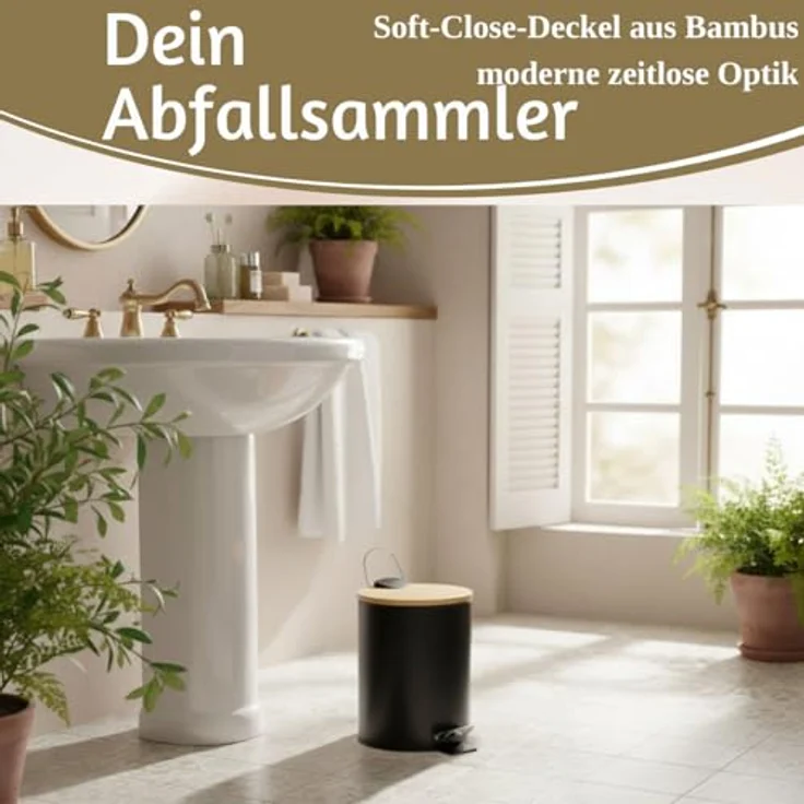LS-LebenStil Tretmülleimer 3L Schwarz Matt, Rund mit Softclose Holz Deckel und Fußpedal, Kosmetikeimer für Bad und Büro – Bild 3