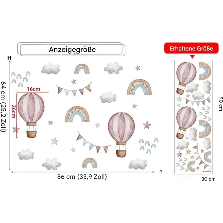 Montegoni Wandsticker Aquarell Rosa ballon & Regenbogen Wandaufkleber – Dekorative Wolken, geeignet für Kinderzimmer, Babyzimmer, Wohnraum Dekoaufkleber – Bild 2