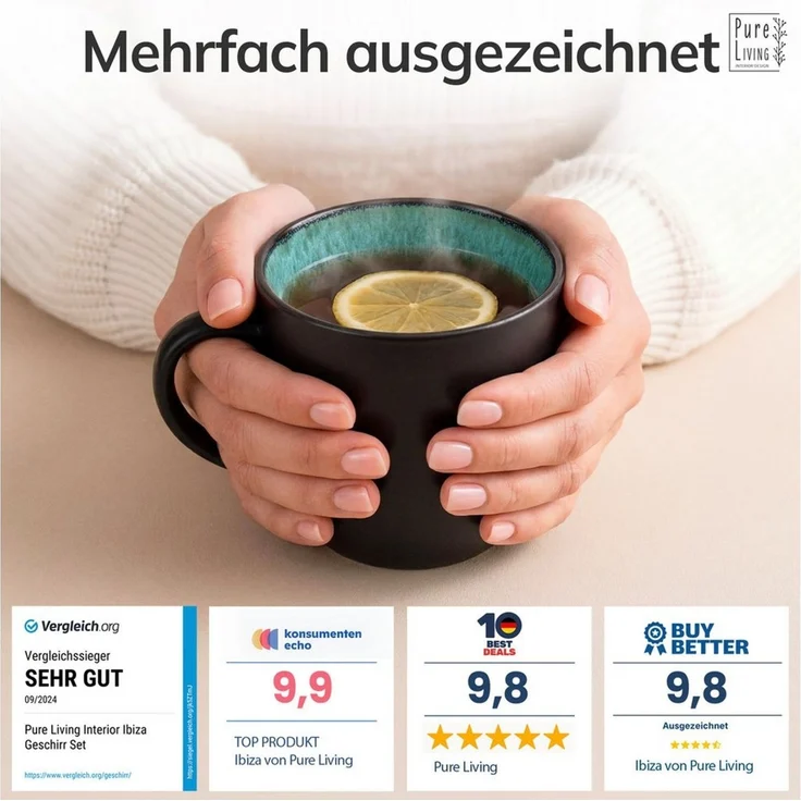 Steingut Kaffeetassen 6 Personen Ibiza TESTSIEGER, Traumhaftes Mediterranes Steingut Tassen Set, Stylisches Tee- und Kaffeebecher Set, Pure Living in Salbeigrün – Bild 3
