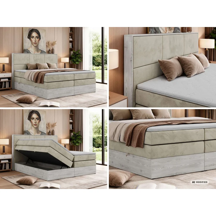 Boxspringbett DELNOR KING 200 x 200 cm Doppelbett mit Bettkasten Kopfteil 7-Zonen Multipocket-Matratze H4 Topper Visco ergonomisch Polsterbett - Beige Velvet – Bild 2