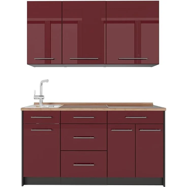 Singleküche Fame-Line Bordeaux Hochglanz/Anthrazit 150 cm, AP Eiche Vicco – Bild 1