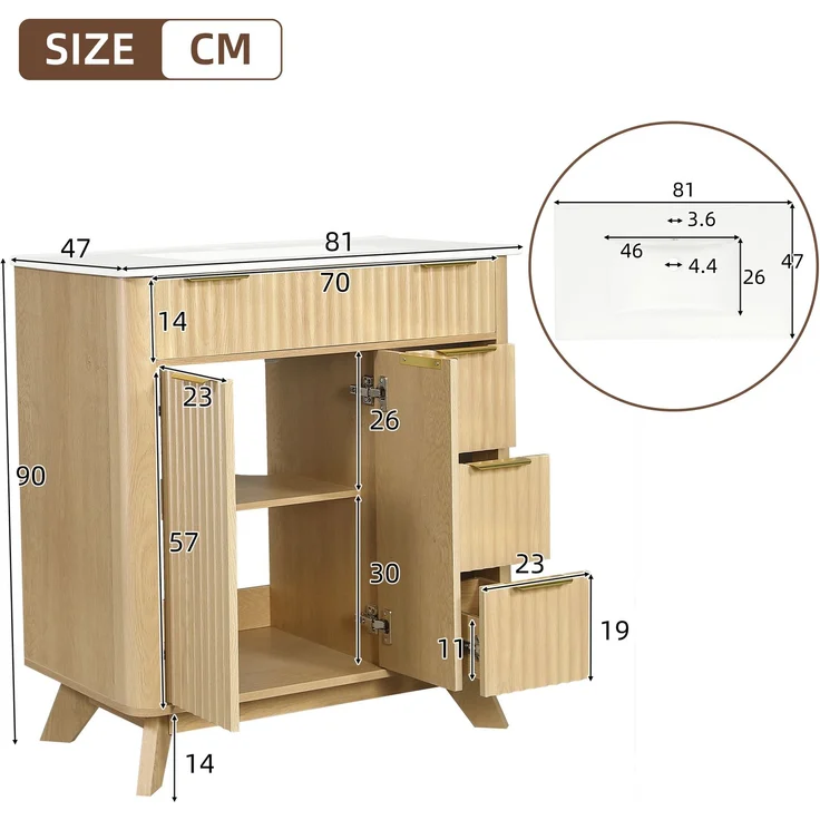 Waschtischunterschrank B 81 x T 47 x H 90 cm aus MDF mit Keramikwaschbecken und Wellenfront – Bild 4