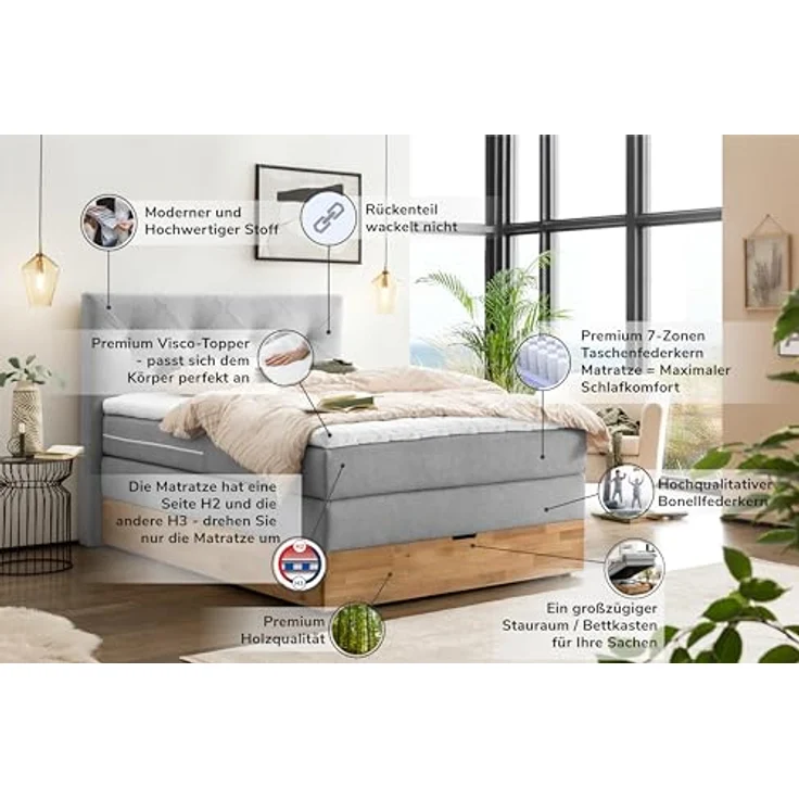 Belanoti MARBO Boxspringbett 140x200 mit Bettkasten 7-Zonen Taschenfederkern Matratze inklusive Visco Topper Bett 140x200 Eiche in der Farbe Hellgrau H2/H3 Polsterbett mit Massivholz Eiche – Bild 6