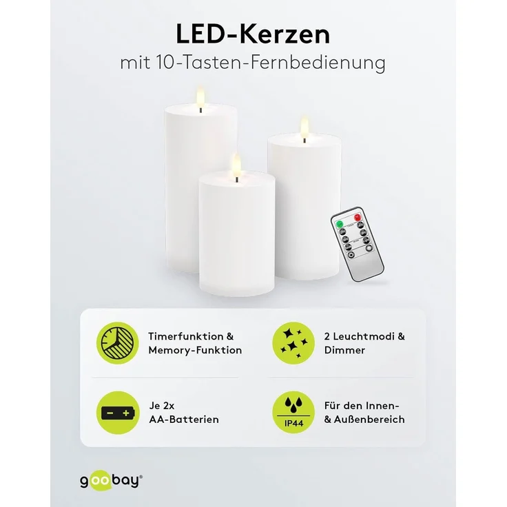 goobay 64786 LED Kerzen 3er Set mit Fernbedienung / elektrische Outdoor Kerzenlichter / realistisch flackernde Flamme / LED Deko / Timerfunktion / Flammenlose LED Kerzen / Batteriebetrieben / weiß – Bild 2
