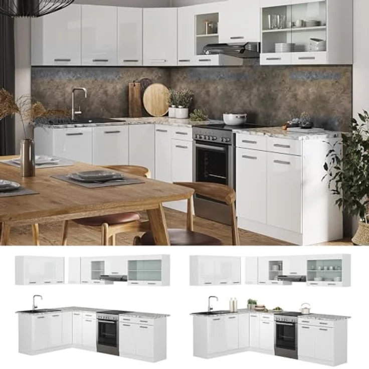 Eckküche Rick Weiß Hochglanz/Weiß 270 x 60 cm , AP Marmor Vicco – Bild 7