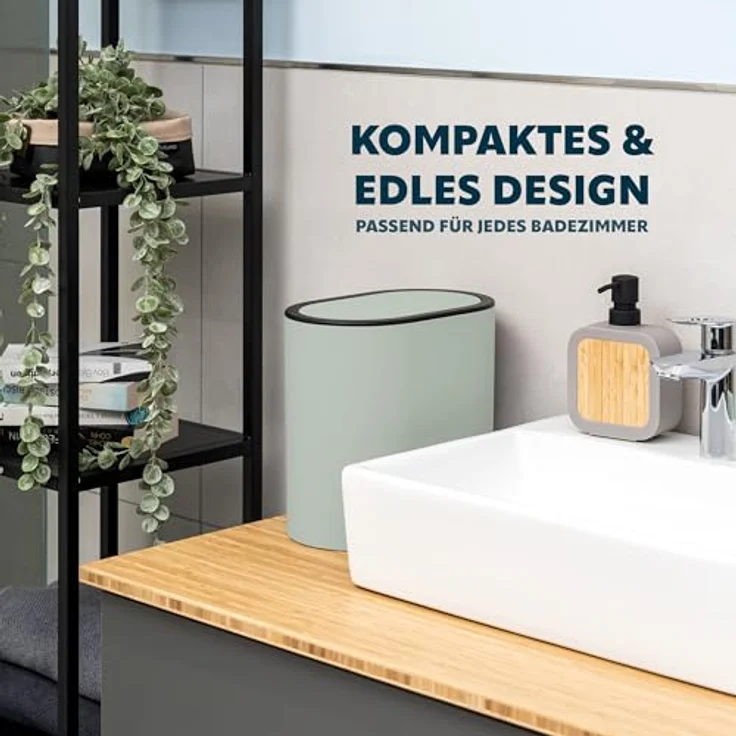 eluno ovaler Kosmetikeimer, 6 Liter mit gummierter Softtouch-Oberfläche, Schwingdeckel und Schutzpads, salbeifarben für Badezimmer und Gäste-WC – Bild 2