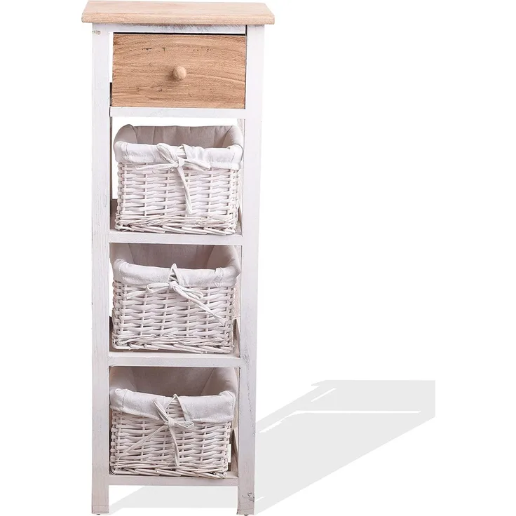 Rebecca Mobili Badschrank, Schubladenkommode im Country-Stil, 1 Schublade 3 Weidenkörbe, Paulownienholz, Weiß Braun, Schlafzimmer Badezimmer – Maße: 85 x 31 x 27 cm (HxLxB) – Art. RE4359
