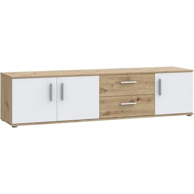 Forte IKOLI TV Schrank 180, modernes Lowboard mit 3 Türen und 2 Schubladen, Wohnzimmer, Holzwerkstoff, Weiß mit Artisan Eiche Holzdekor, 174,3 cm breit x 43,3 cm hoch x 41,3 cm tief – Bild 3