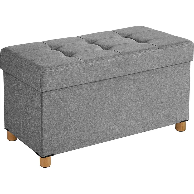 SONGMICS Sitztruhe, Faltbare Sitzbank, Sitzhocker mit Stauraum und Deckel, Füße aus Massivholz, platzsparend, 65 L, bis 300 kg belastbar, 76 x 38 x 40 cm, für Schlafzimmer, Flur, hellgrau LSF16GYX