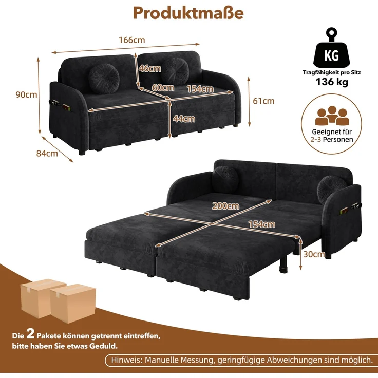 Schlafsofa 166x84x90 cm in Schwarz, 3-in-1 ausziehbar mit Stauraum und Chenillebezug – Bild 7
