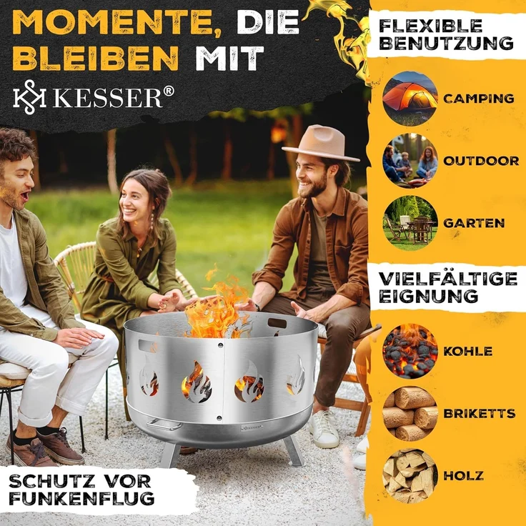 KESSER® Feuerschale mit 2,5 mm Stahldicke Feuerkorb aus Edelstahl / Stahl inklusive 42cm Feuerhaken aus Gusseisen, Wasserablauf & 2 stabile Griffe für Holz & Kohle Feuerstelle für Garten & Terrasse Ø 60 cm, Edelstahl + Funkenschutz – Bild 4