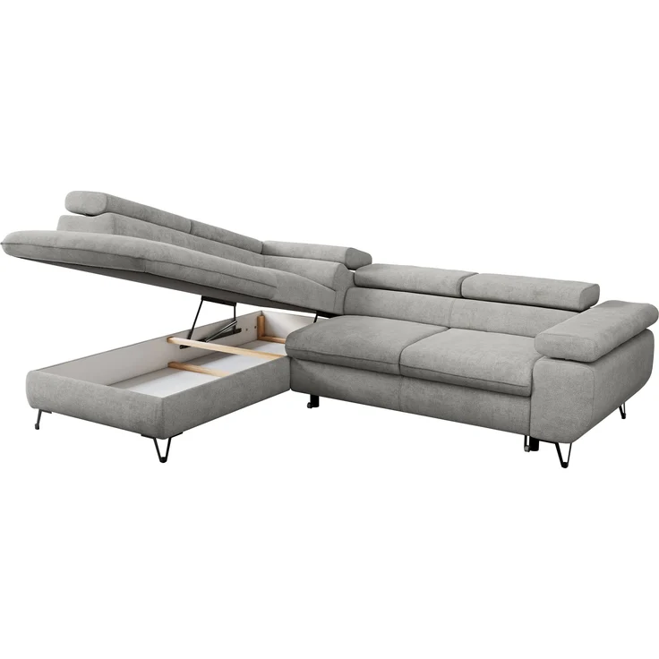 Mks Möbel 'Peter L-form' Ecksofa mit Bettfunktion, Bettkasten & einstellbaren Kopfstützen, Hellgrau, Stoff, links – Bild 5