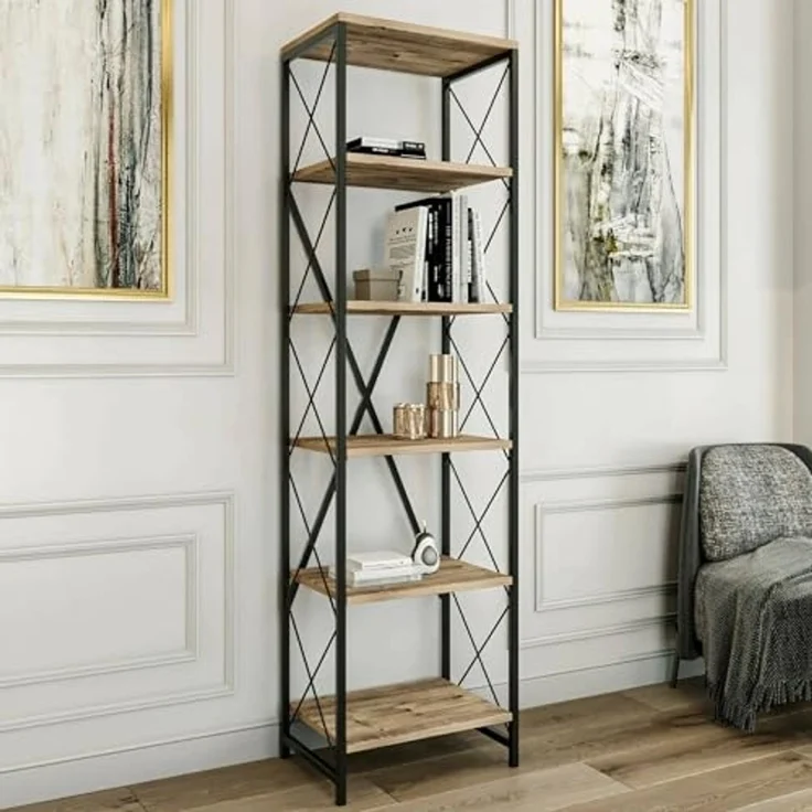Dmora - Yildun Bücherregal, Büroregal, Bücherregal, Bibliothek, 50 x 30 x 180 cm, Eiche und Schwarz – Bild 1