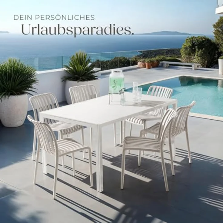 tectake Gartenstuhl Balkonstuhl, stapelbar, Belastbarkeit 110 kg, 47 x 58 x 80,5 cm (Terrassenstuhl Alcudia für Außen in Taupe, 2 St), wetterfest und UV-beständig, pflegeleicht, rutschfeste Gummischoner – Bild 3