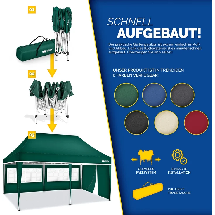 tillvex Pavillon 3x6m - mit 3 Seitenwänden Grün wasserdicht | Pop-Up Faltpavillon höhenverstellbar | Gartenzelt UV Schutz 50+ | Partyzelt mit Tasche für Garten – Bild 8